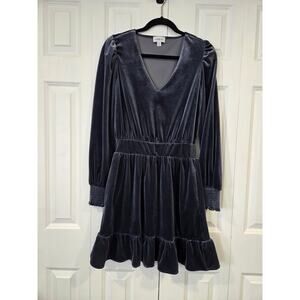 EVEREVE Blue Gray 'Fiona' Velvet Ruffle Long Sleeve Mini Dress Medium